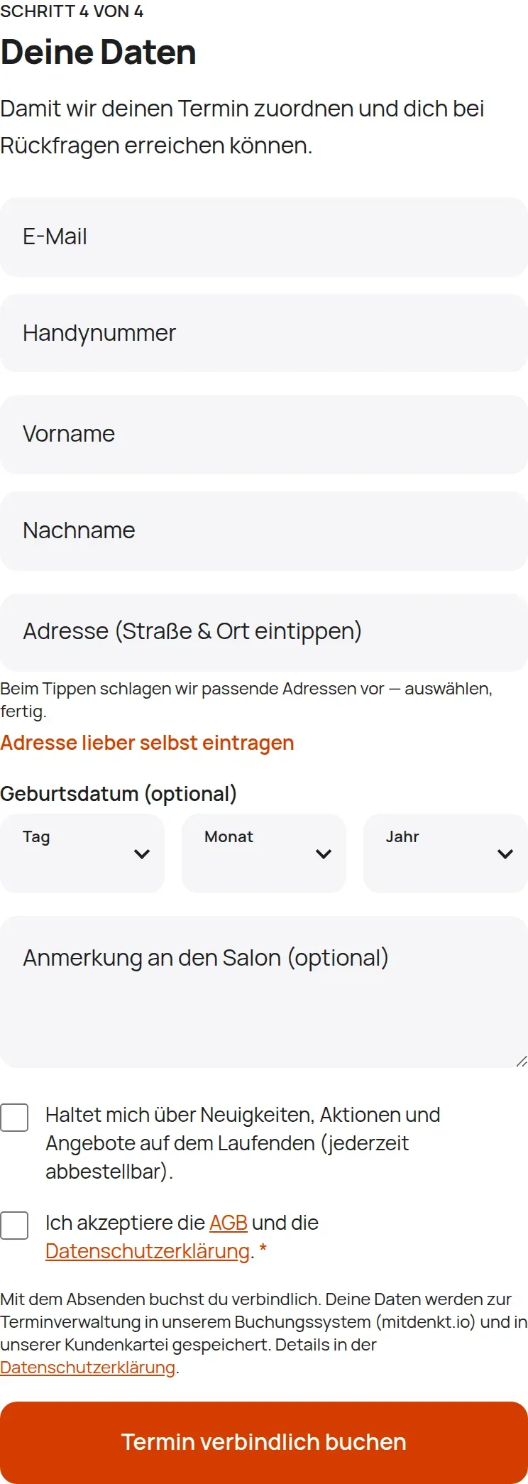 Schritt 4 der Online-Buchung: das kurze Formular für E-Mail, Handynummer, Name und Adresse mit dem Knopf „Termin verbindlich buchen“.