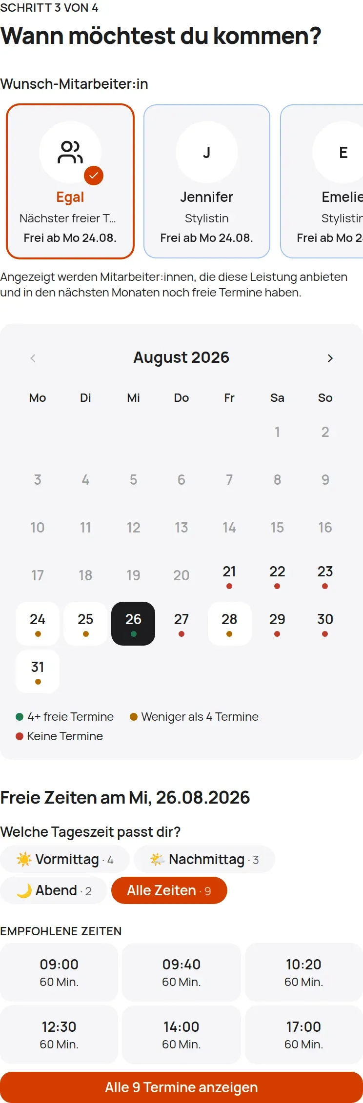 Der Buchungskalender mit Wunsch-Stylistin-Auswahl und farbigen Punkten, die anzeigen, wie viele Termine je Tag frei sind.