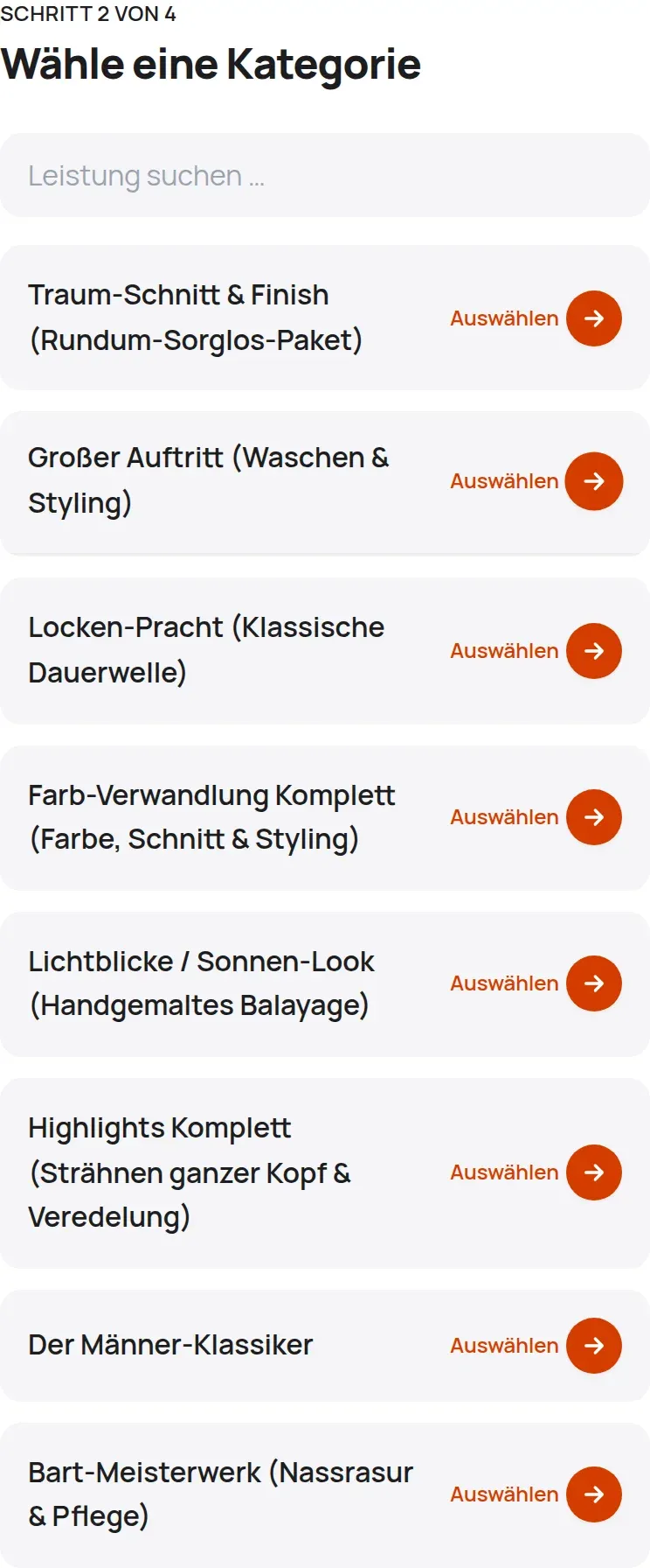 Schritt 2 der Online-Buchung: die Leistungsauswahl mit Suchfeld, darunter Leistungen wie Balayage, Dauerwelle und Herrenhaarschnitt.