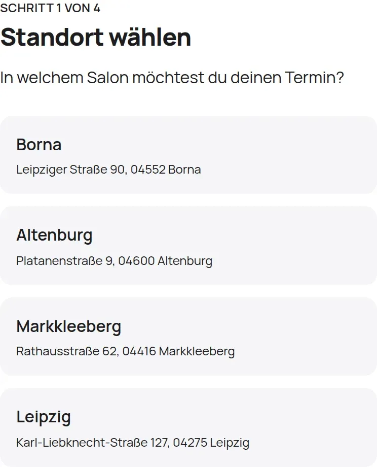 Schritt 1 der Online-Buchung: die vier Chic & Chill Salons Borna, Altenburg, Markkleeberg und Leipzig zur Auswahl.