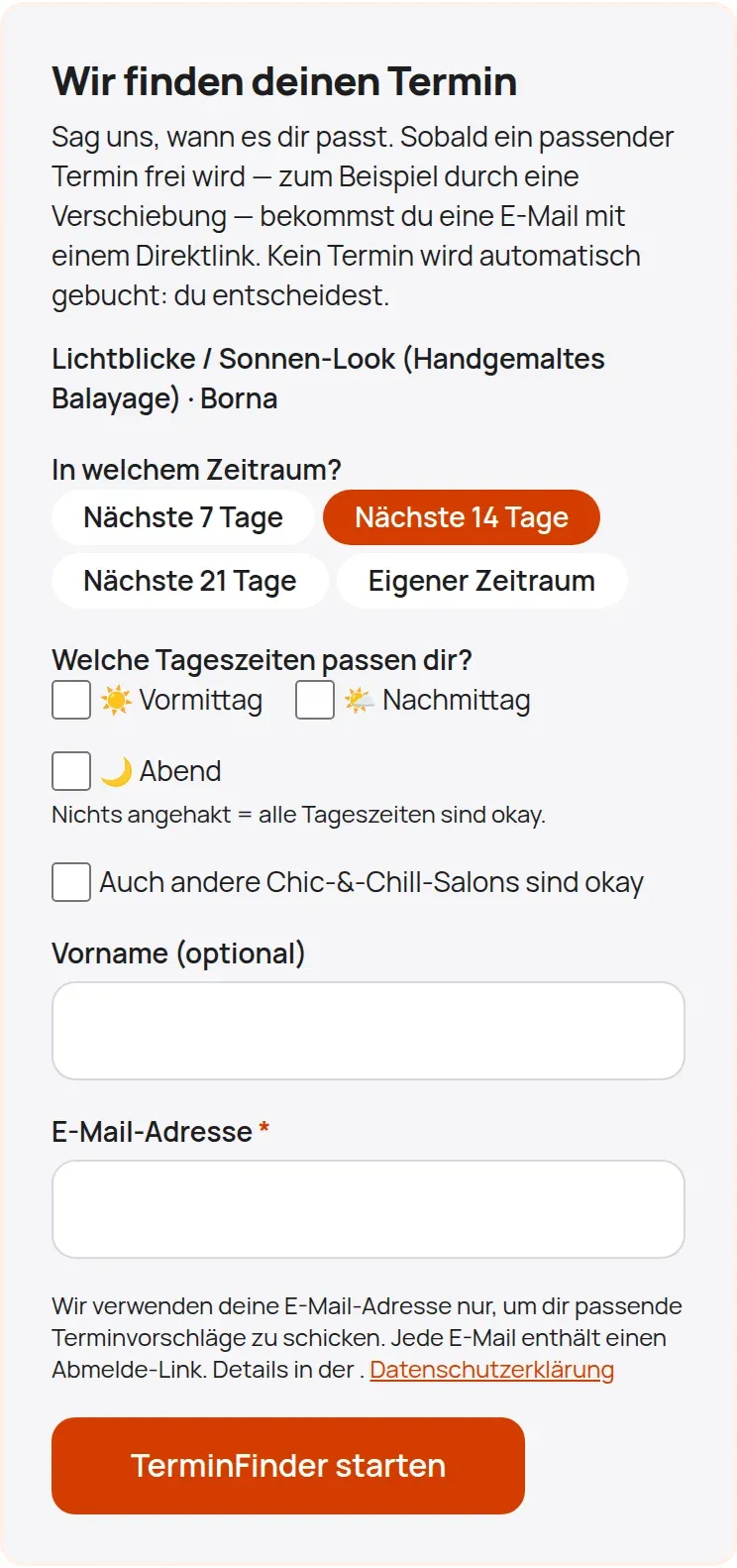 Das TerminFinder-Formular „Wir finden deinen Termin“ mit Zeitraum-Auswahl, Tageszeiten und E-Mail-Feld.
